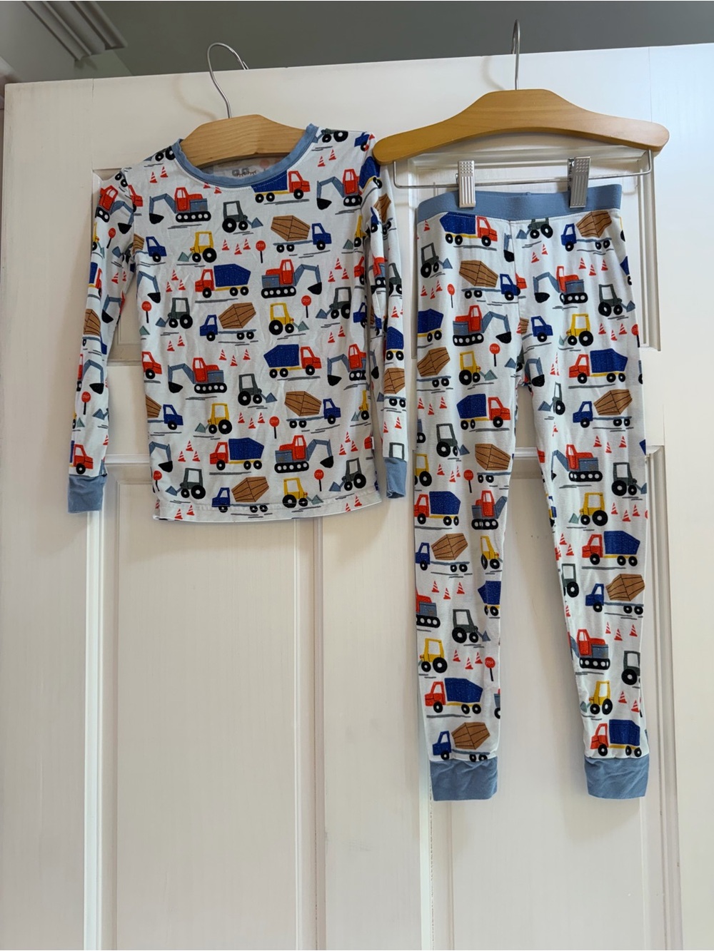 Little Sleepies White Construction Truck Pajama Set with Blue Trim